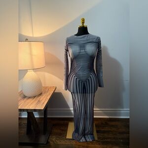 Fashion Nova | Black and Gray Mesh Maxi Dress | Size Large